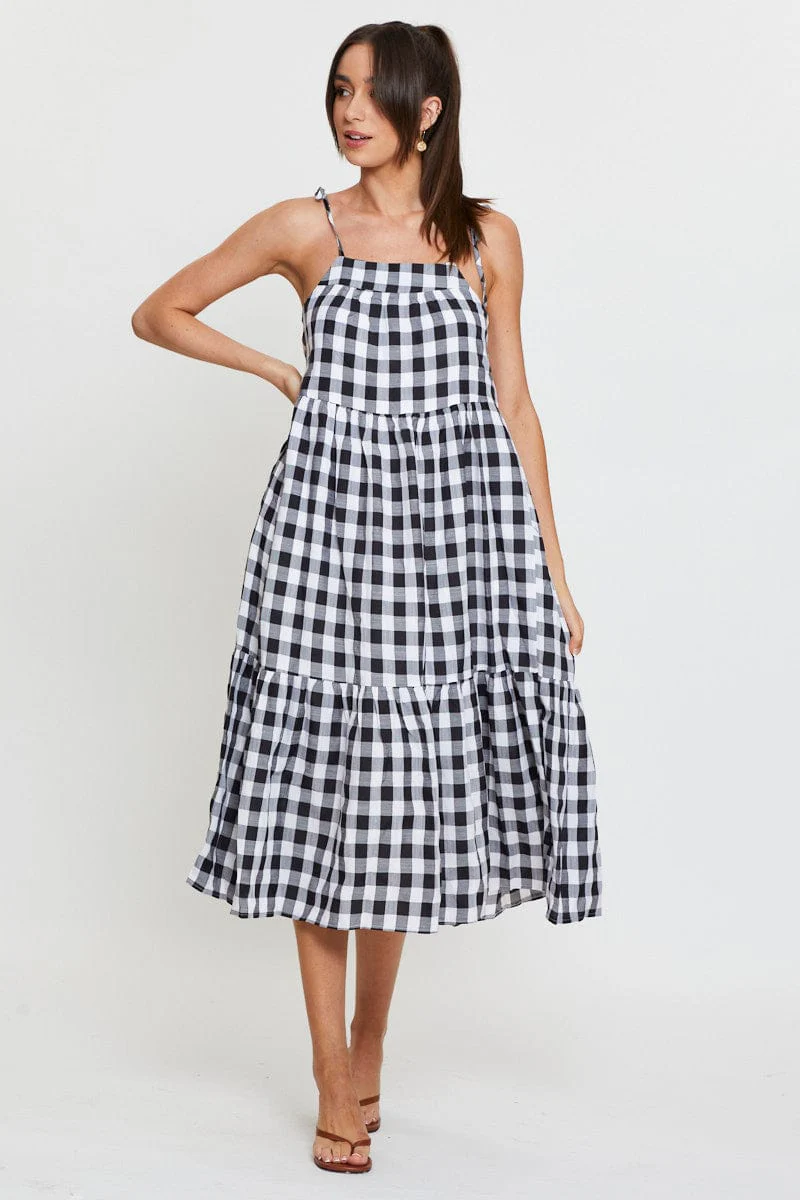 Check Midi Dress Sleeveless Tie Shoulder