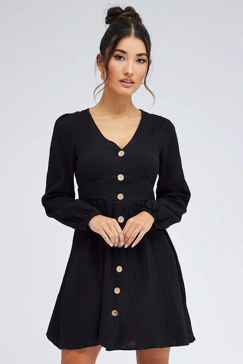 Black Long Sleeve Button Front Dress