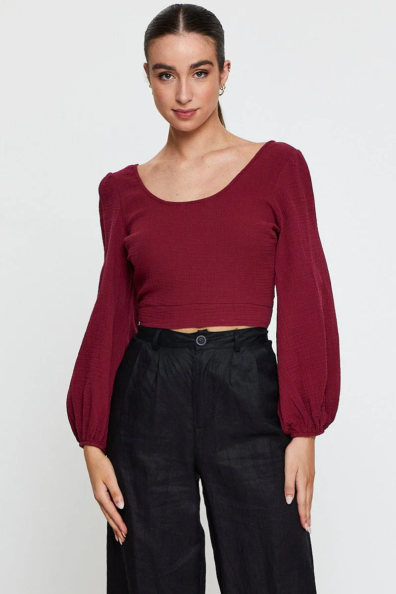 Red Crop Top Long Sleeve Round Neck