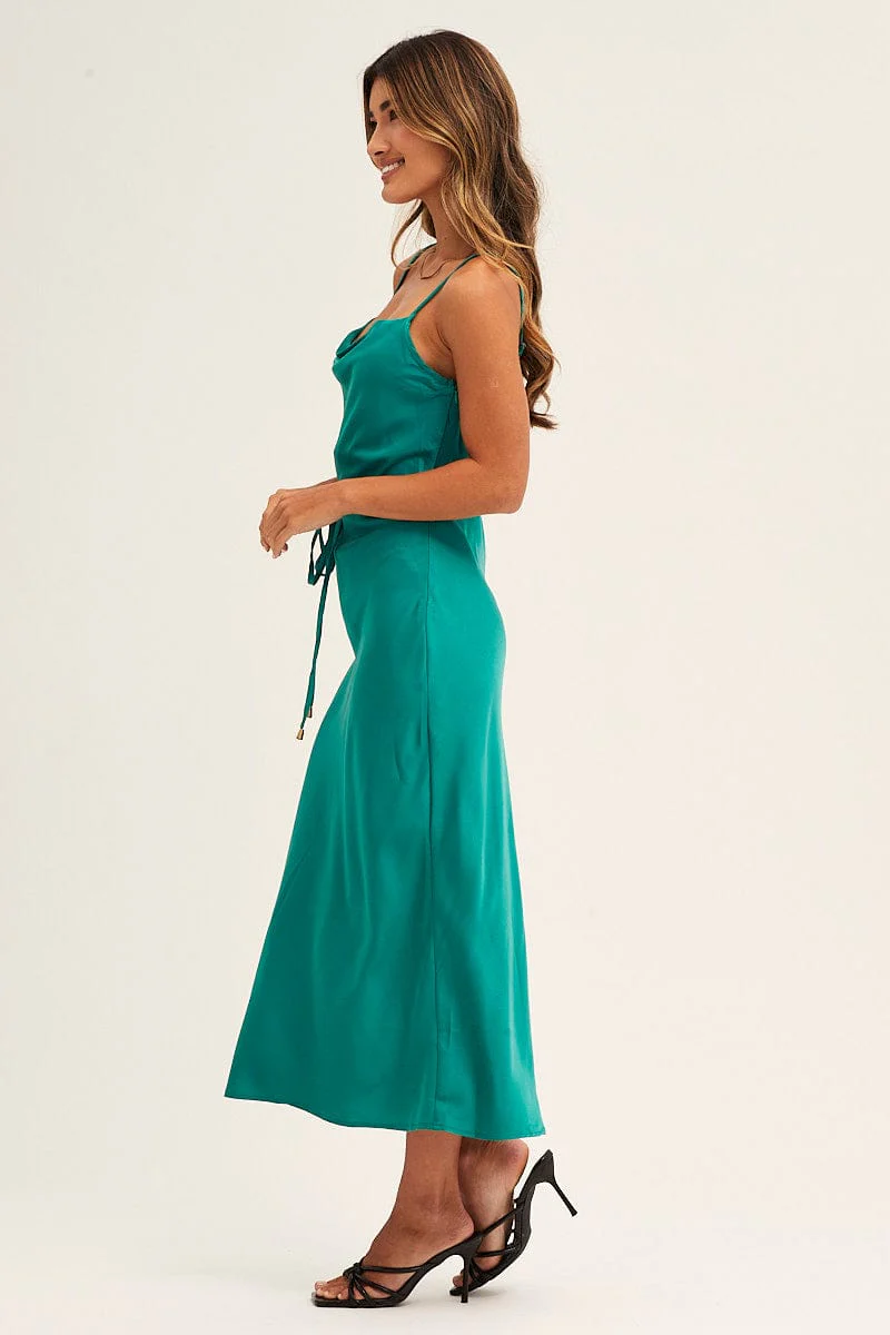 Green Midi Dress Cowl Neck Tie Slip Satin