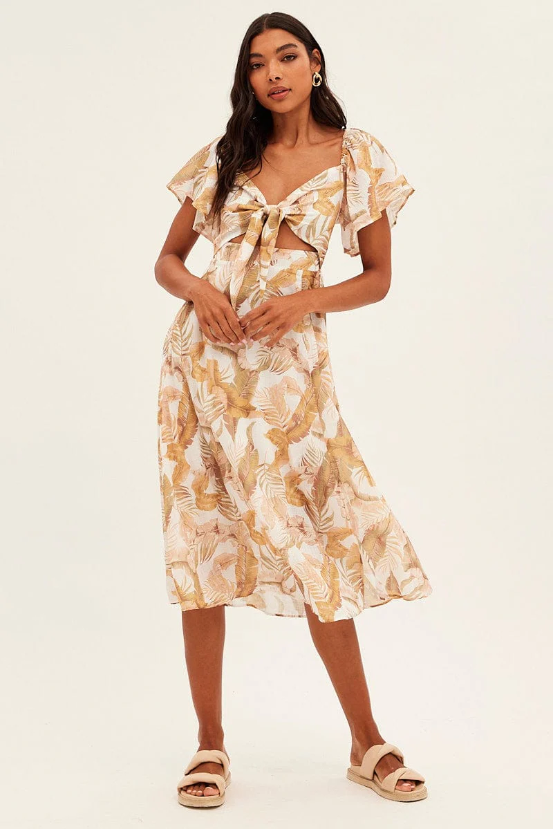 Beige Floral Midi Dress Square Neck Short Sleeve