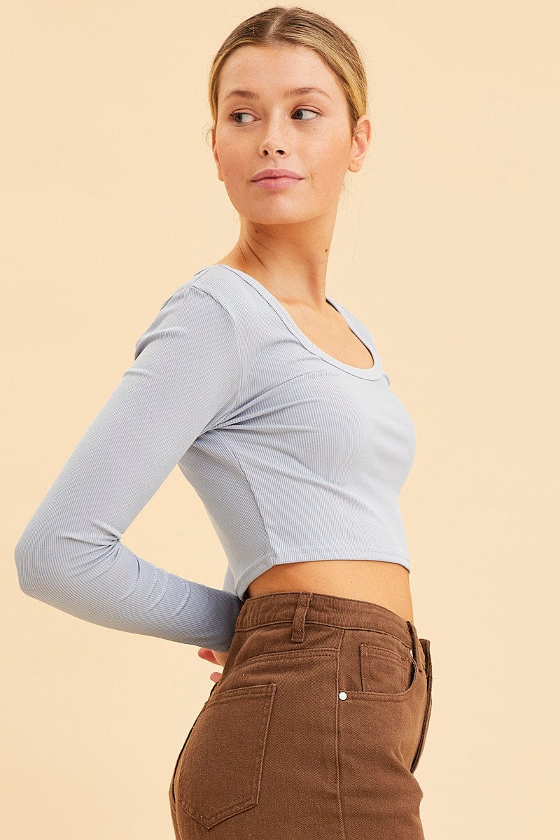 Blue Crop Top Scoop Neck Long Sleeve Rib