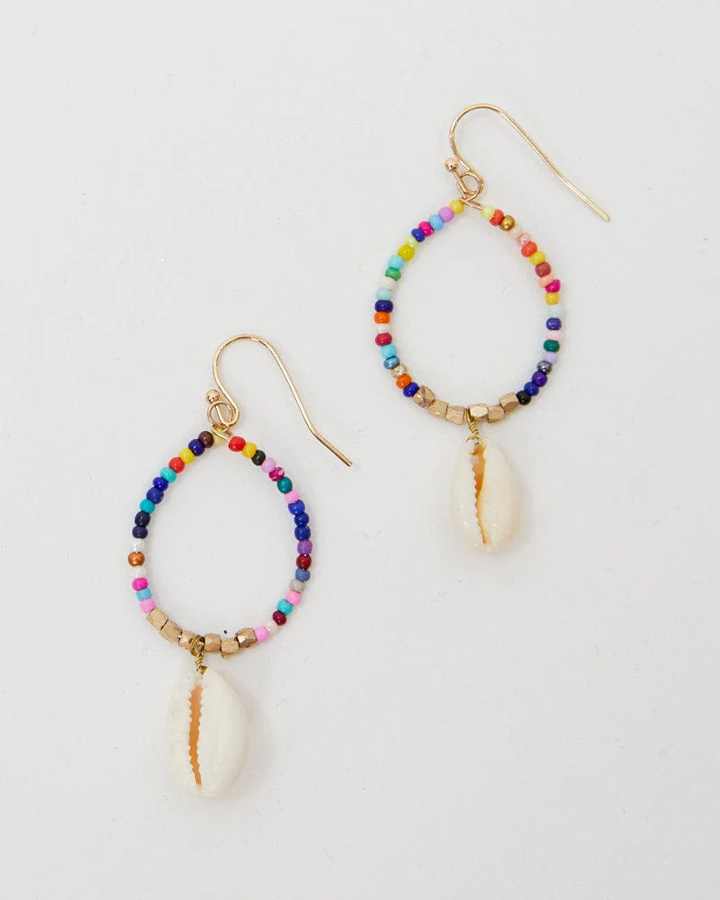 Multi Shell Drop Multi Coloured Beaded Hoop Earrings