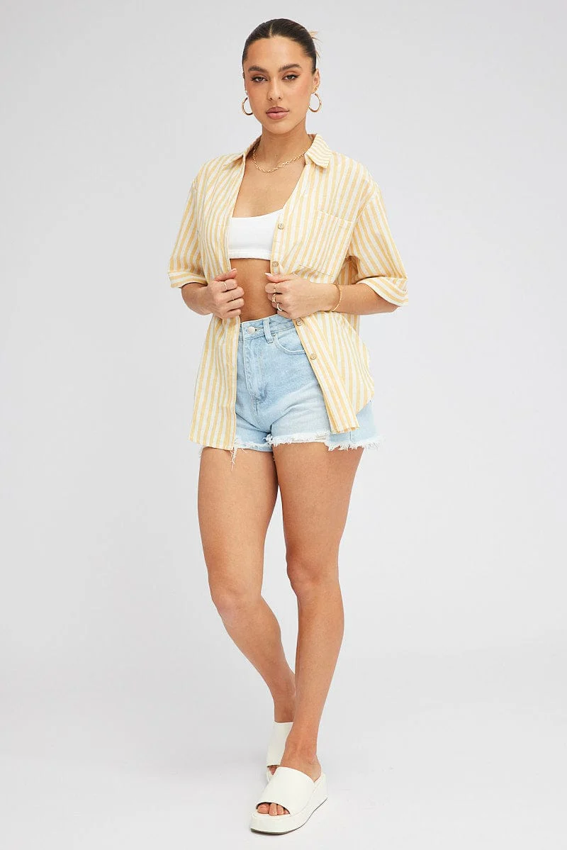 Yellow Stripe Shirt Short Sleeve Collared Neck