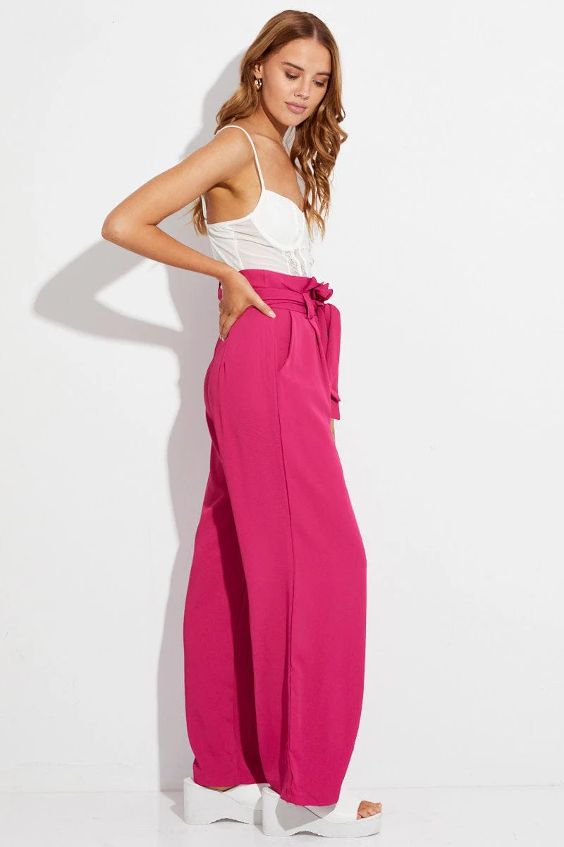 Pink Wide Leg Pants High Rise Paperbag