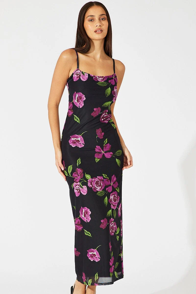Black Floral Bodycon Maxi Dress Mesh