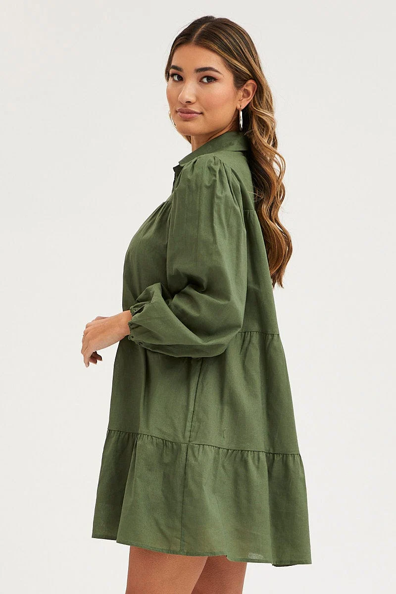 Green Tiered Dress Long Sleeve Mini