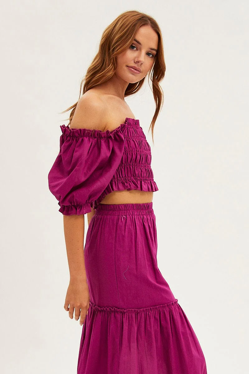 Purple Crop Top Short Sleeve Square Neck Linen Blend