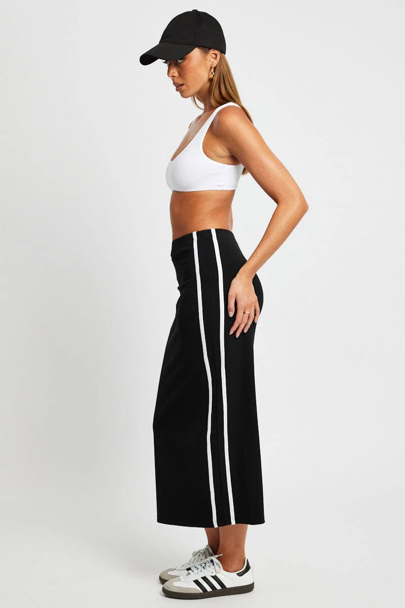 Black Midi Skirt Side Stripe