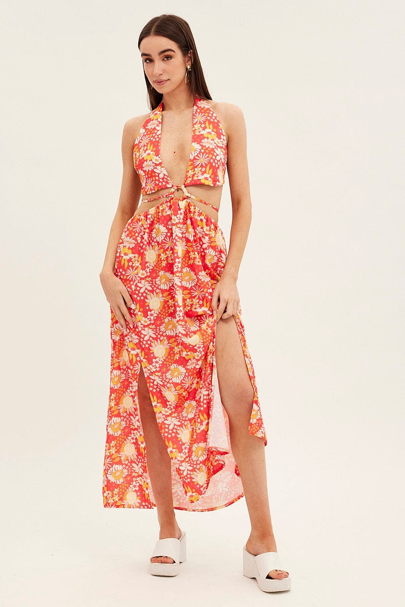 Red Floral Maxi Dress Cutout Front Split
