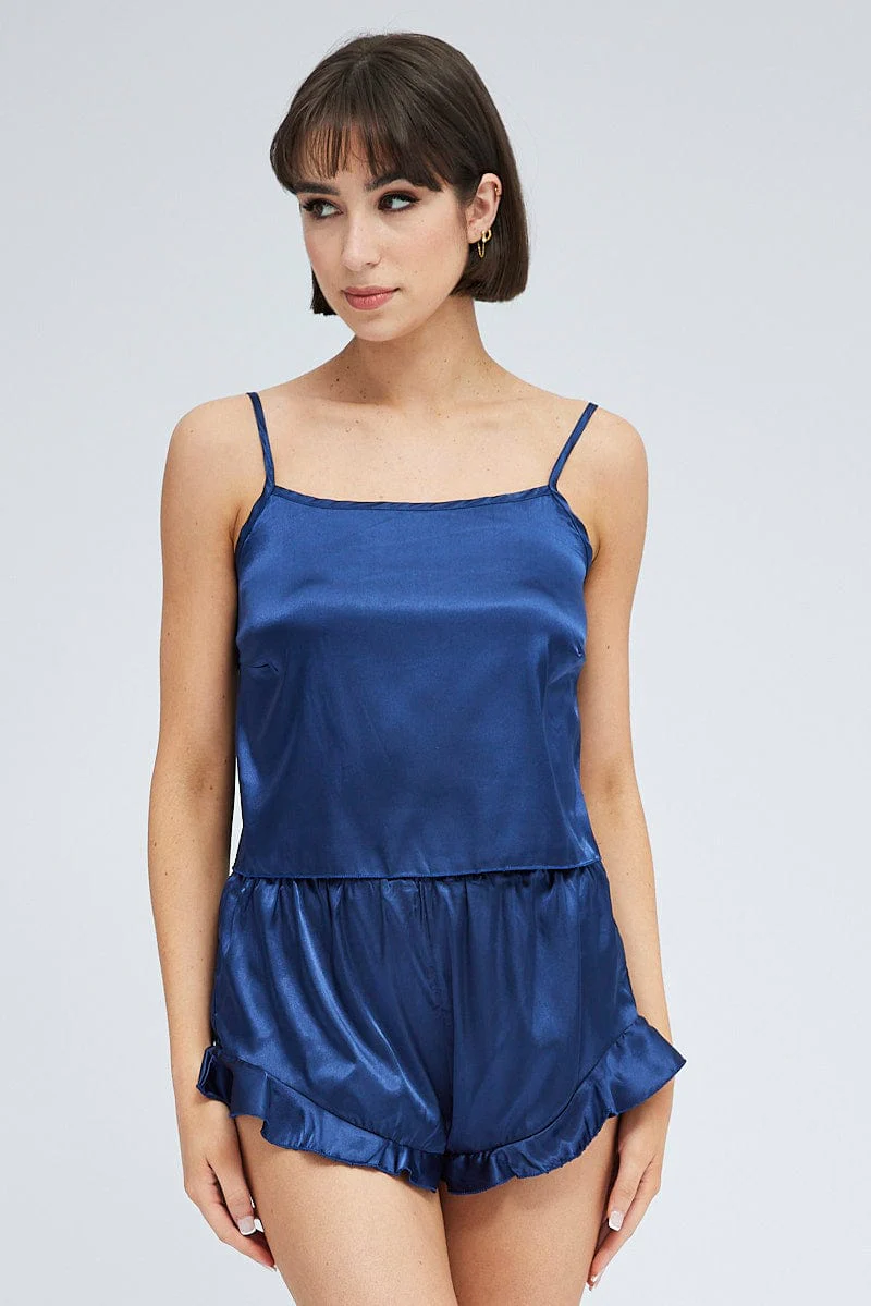 Blue Satin Cami And Ruffle Shorts Pyjama Set