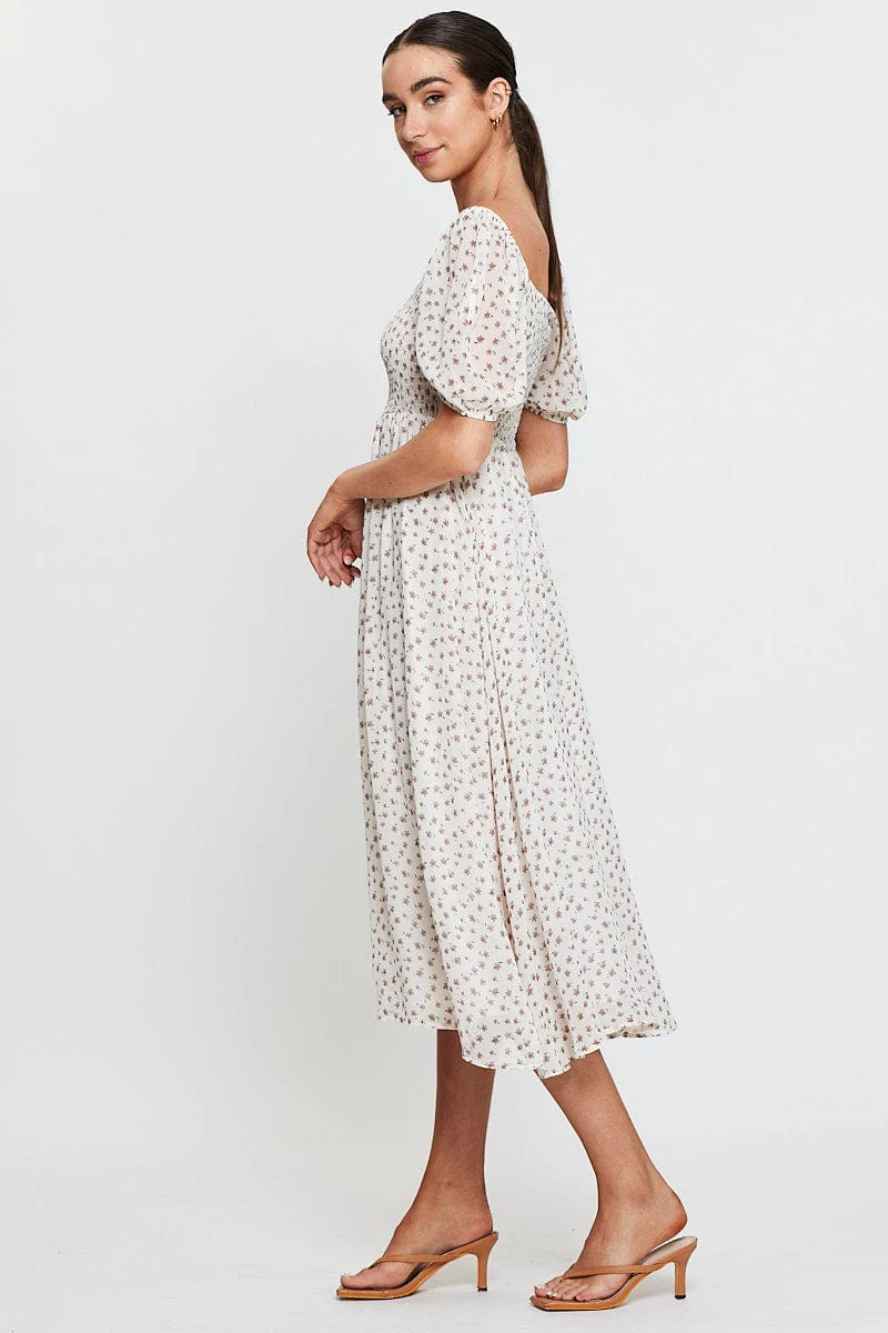 Print Midi Dress Short Sleeve Round Neck