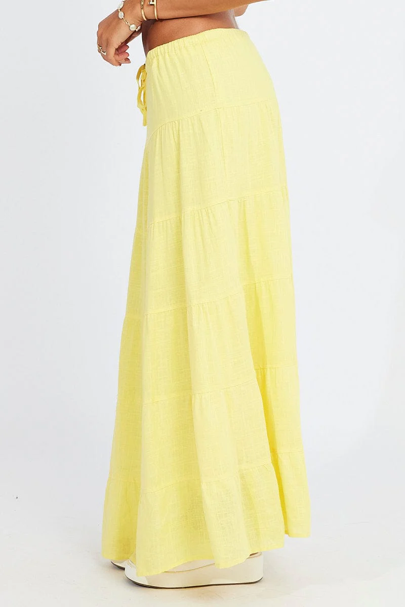 Yellow Maxi Skirt Tiered High Rise Linen Blend