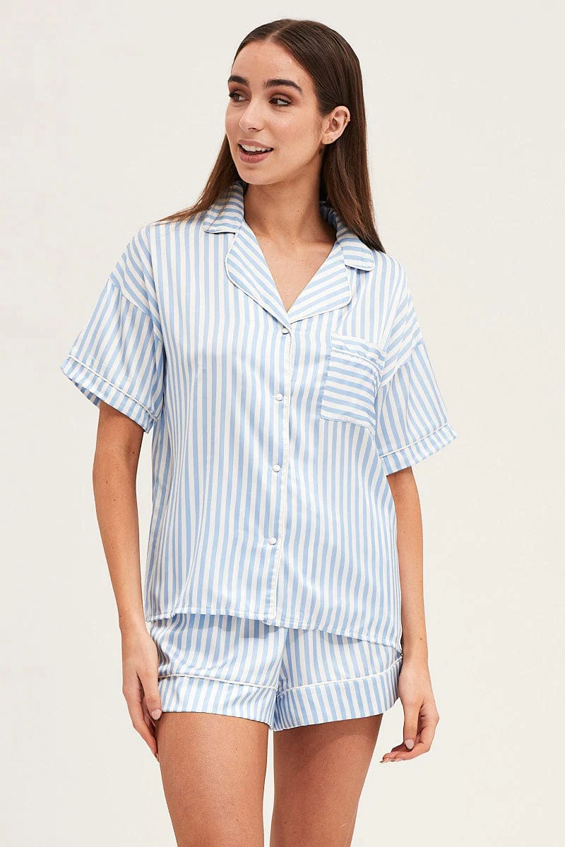 Stripe Satin Short Sleeve Top & Shorts Pj Set