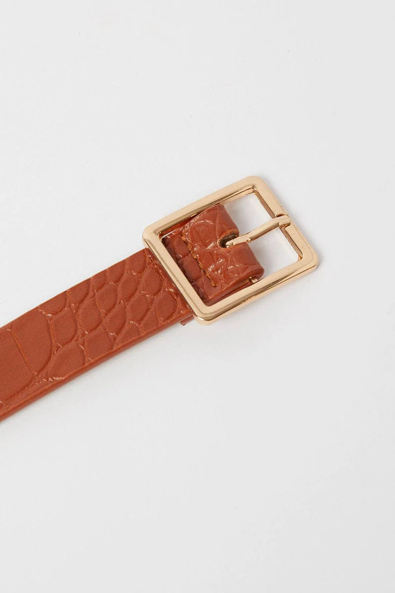 Beige Rectangle Buckle Belt in Croc