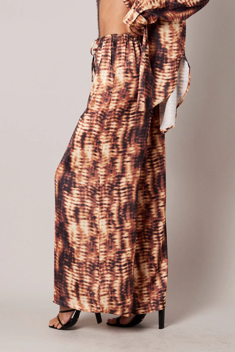 Brown Abstract Wide Leg Pants High Rise Satin