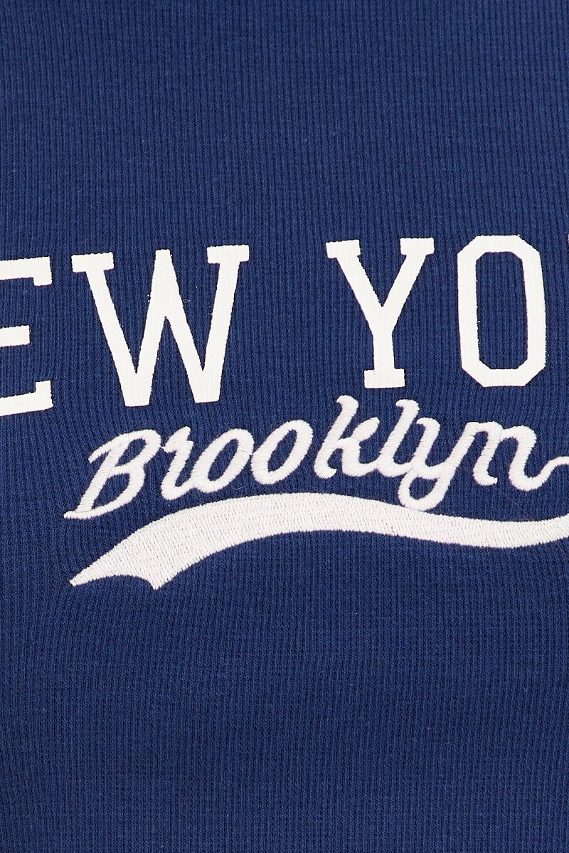 Blue Tank Top Sleeveless Round Neck New York Print Rib