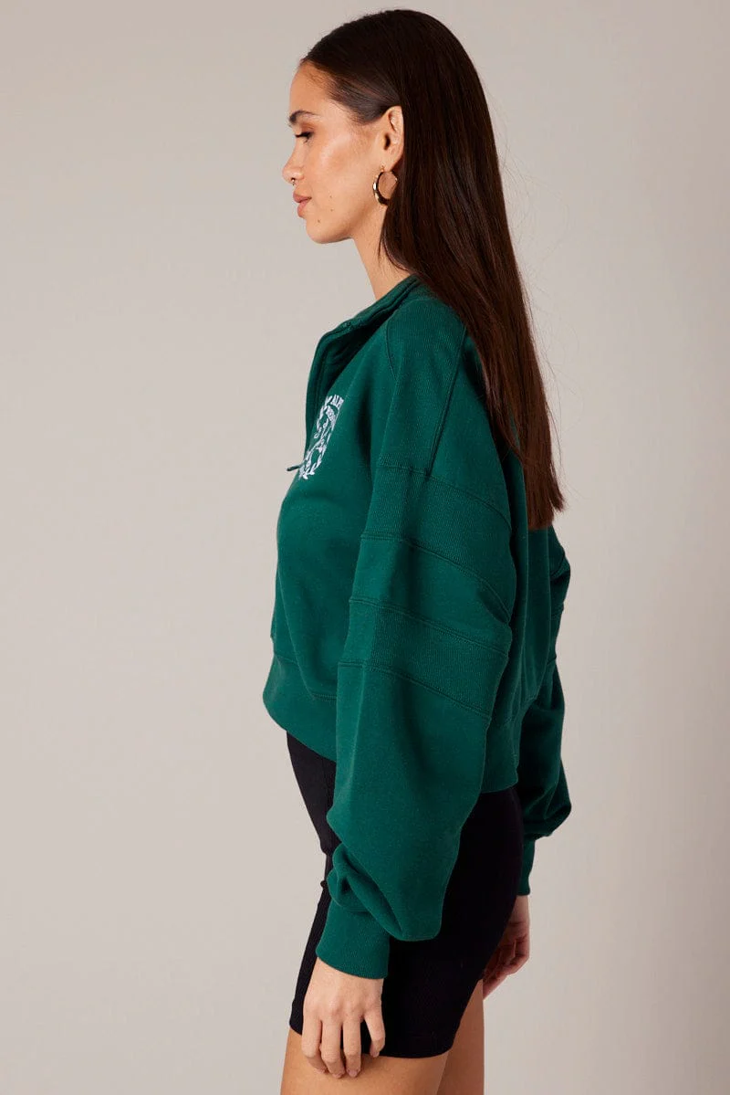 Green Zip Up Sweater Crop Long Sleeve High Neck