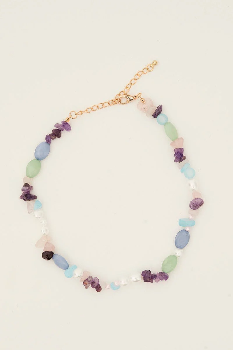 Multi Natural Stone And Pearls Necklace