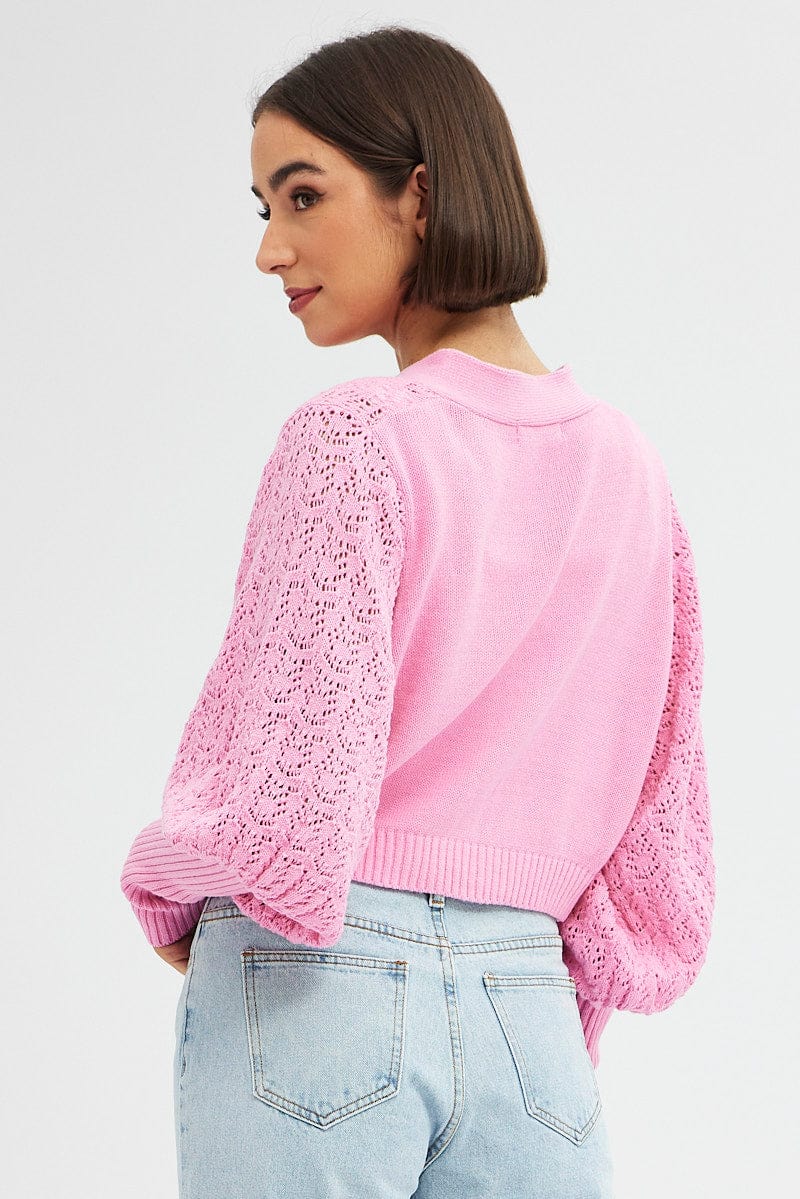 Pink Knit Cardigan Long Sleeve Crop