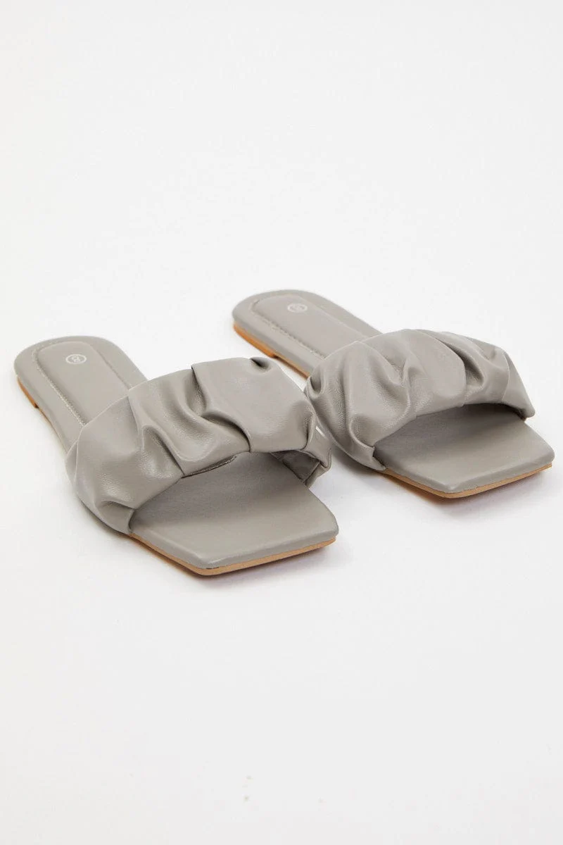 Grey Faux Leather Ruched Flat Slides