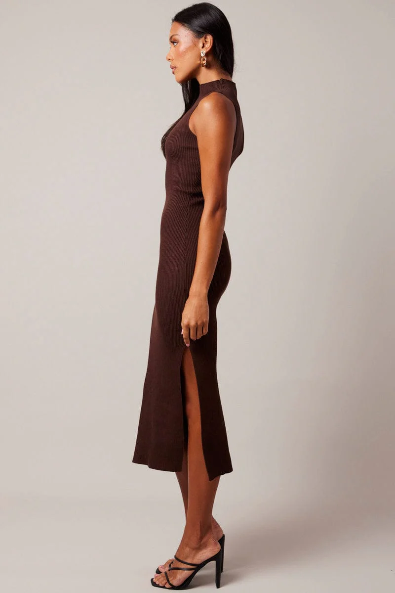 Brown Knit Dress High Neck Midi