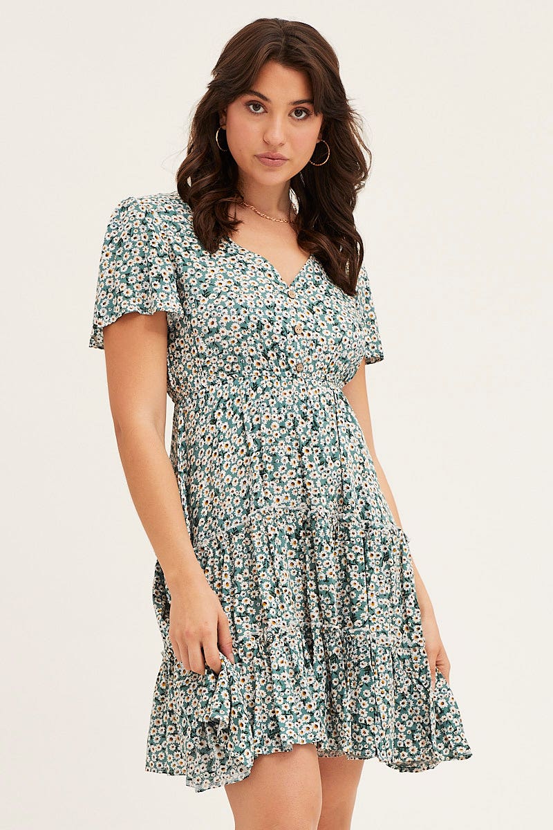 Print Button Front Skater Dress