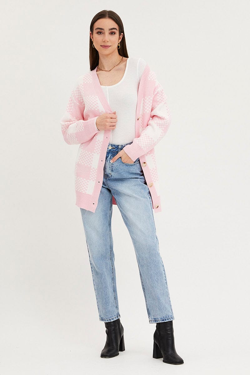 Check Knit Cardigan Long Sleeve Longline