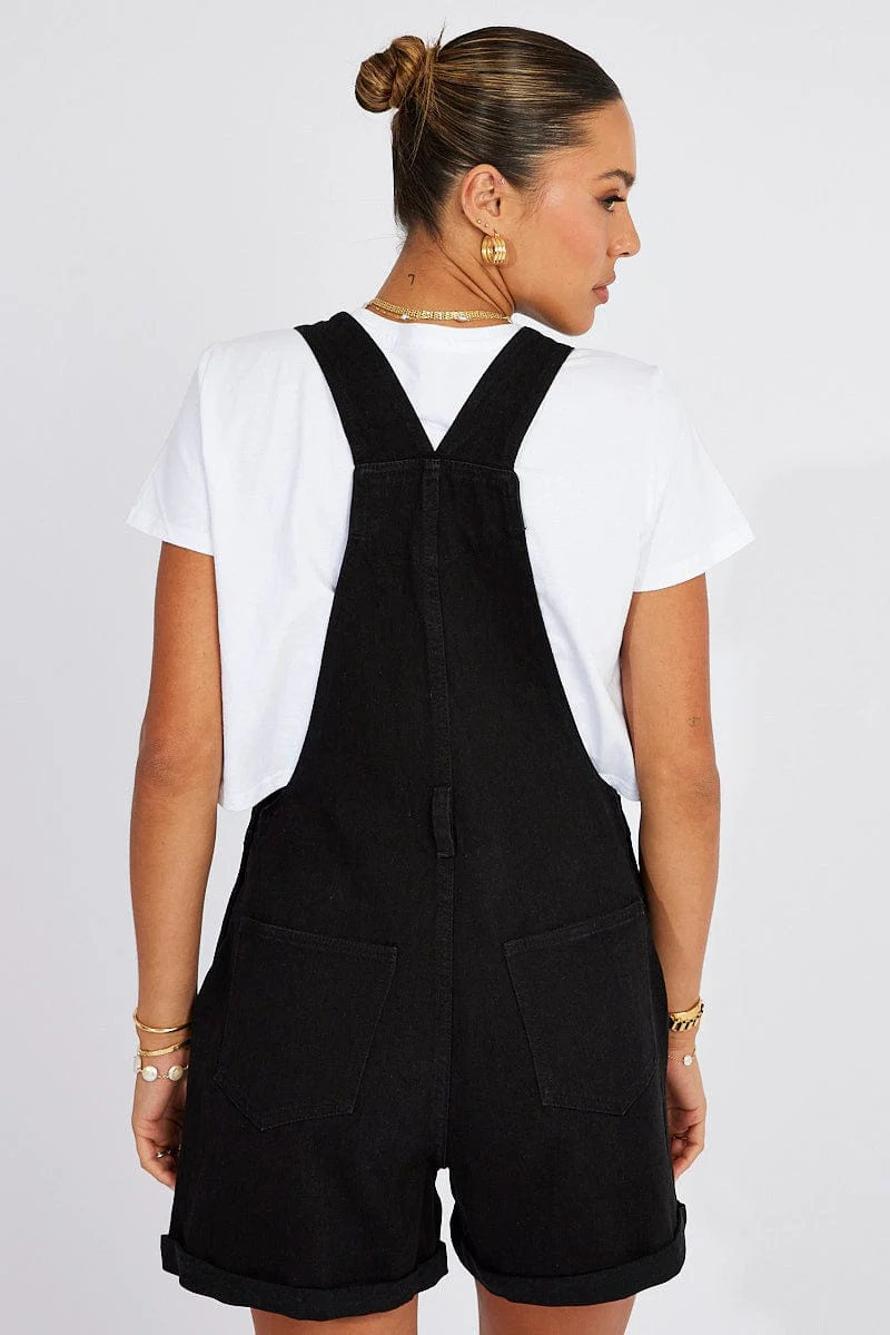 Black Short Denim Overalls