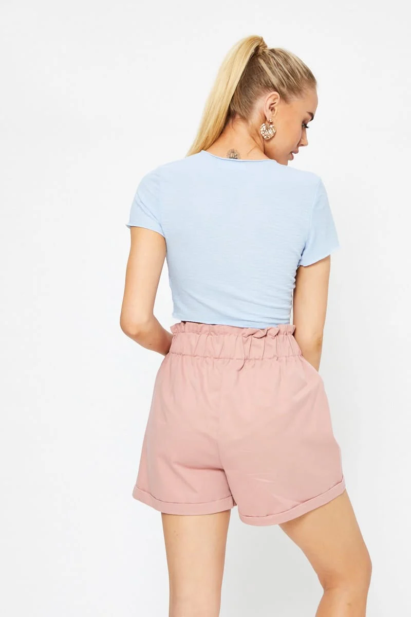 Blue Short Sleeve Textured Jersey Knot Front Crop Top