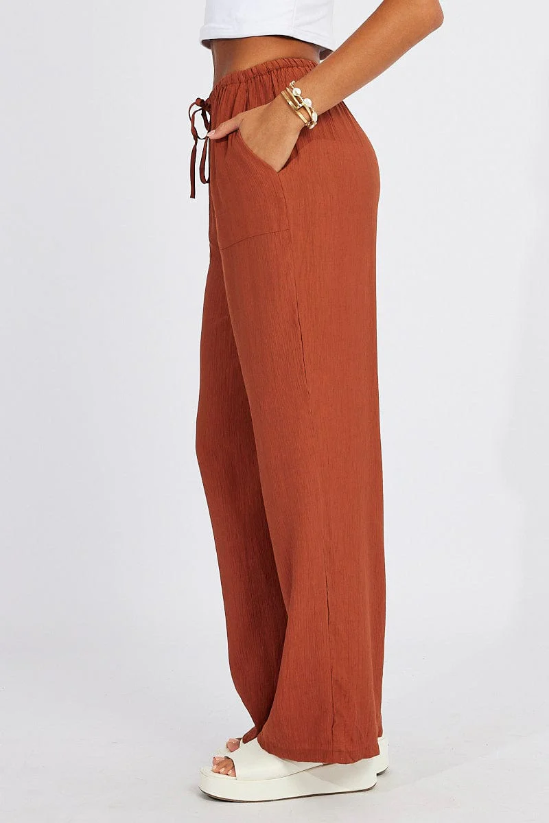 Brown Wide Leg Pants Textured Fabric