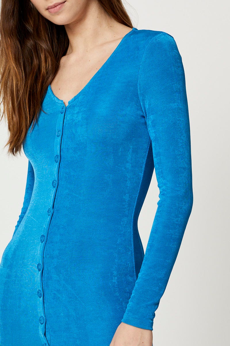 Blue Button Front Slinky Midi Dress