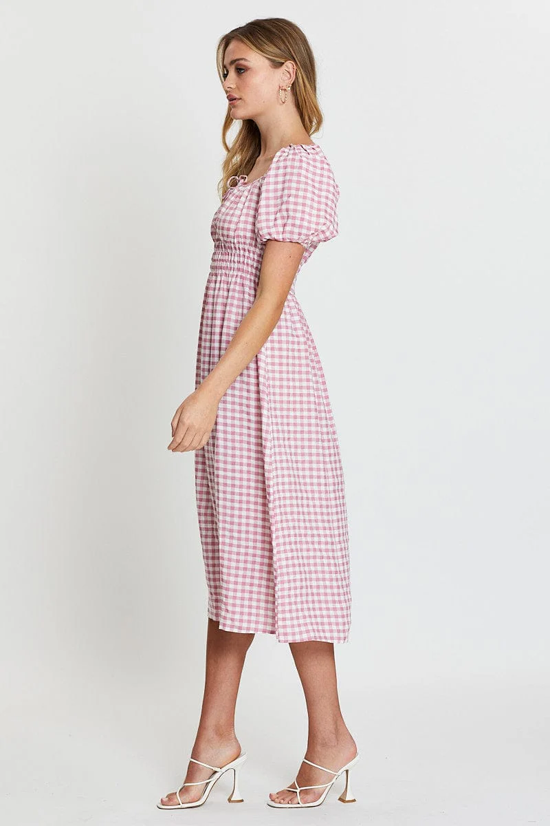 Check Dress Short Sleeve Midi Scoop Neck