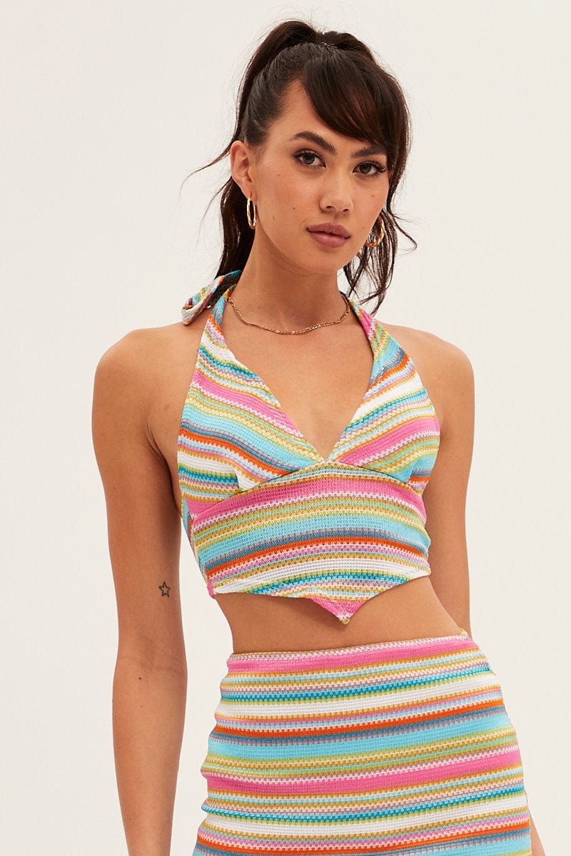 Orange Stripe Halter Top Crop Crochet