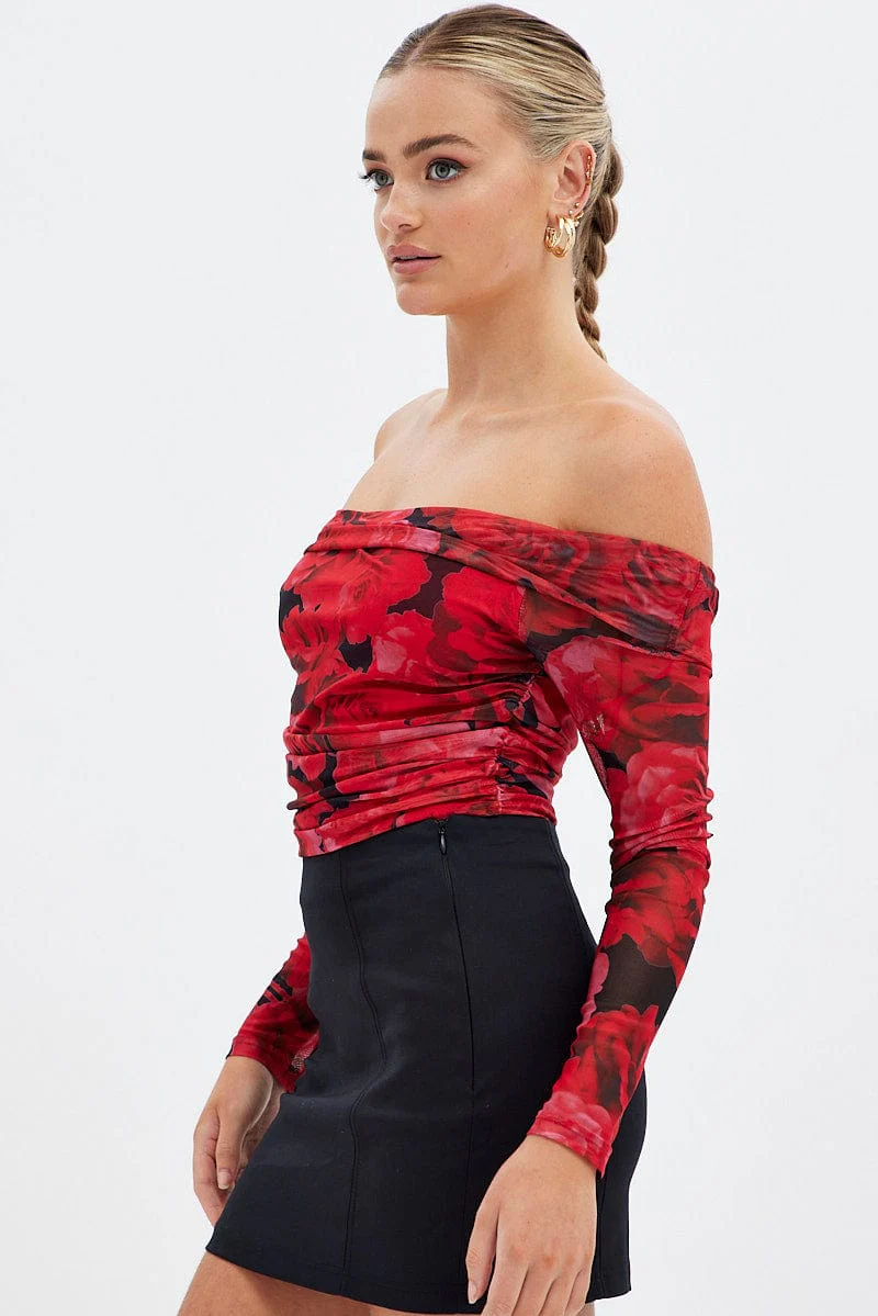 Red Floral Bardot Top Long Sleeve Off Shoulder Mesh Crop