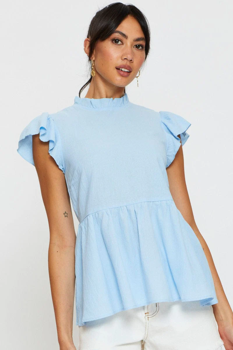 Blue Workwear Blouse Short Sleeve Linen