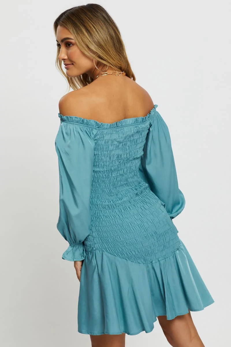 Blue Designer Shirred Of The Shoulder Ruffle Dress