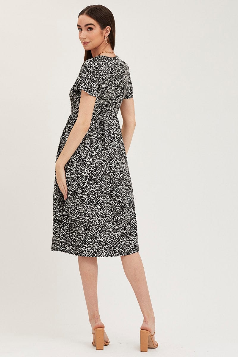 Geo Print Pocket Front Button Midi Dress