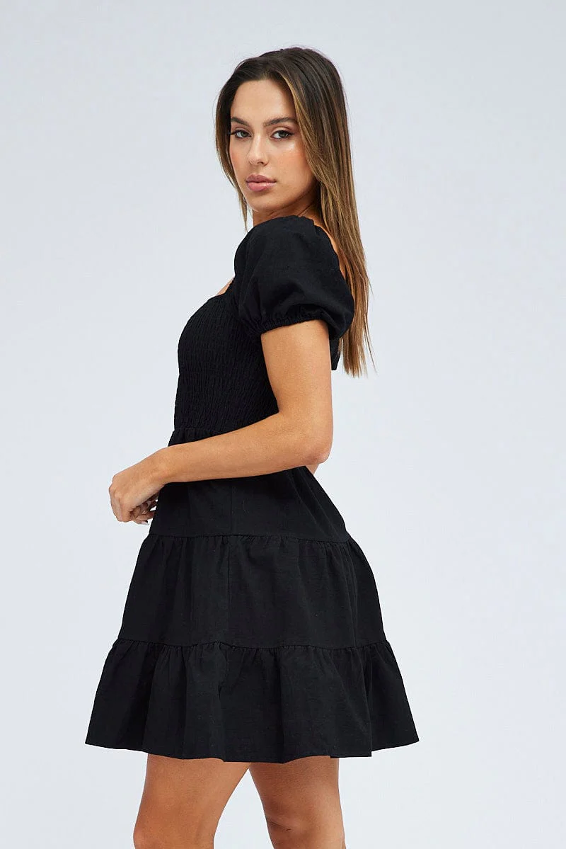 Black Fit and Flare Dress Short Sleeve Shirred