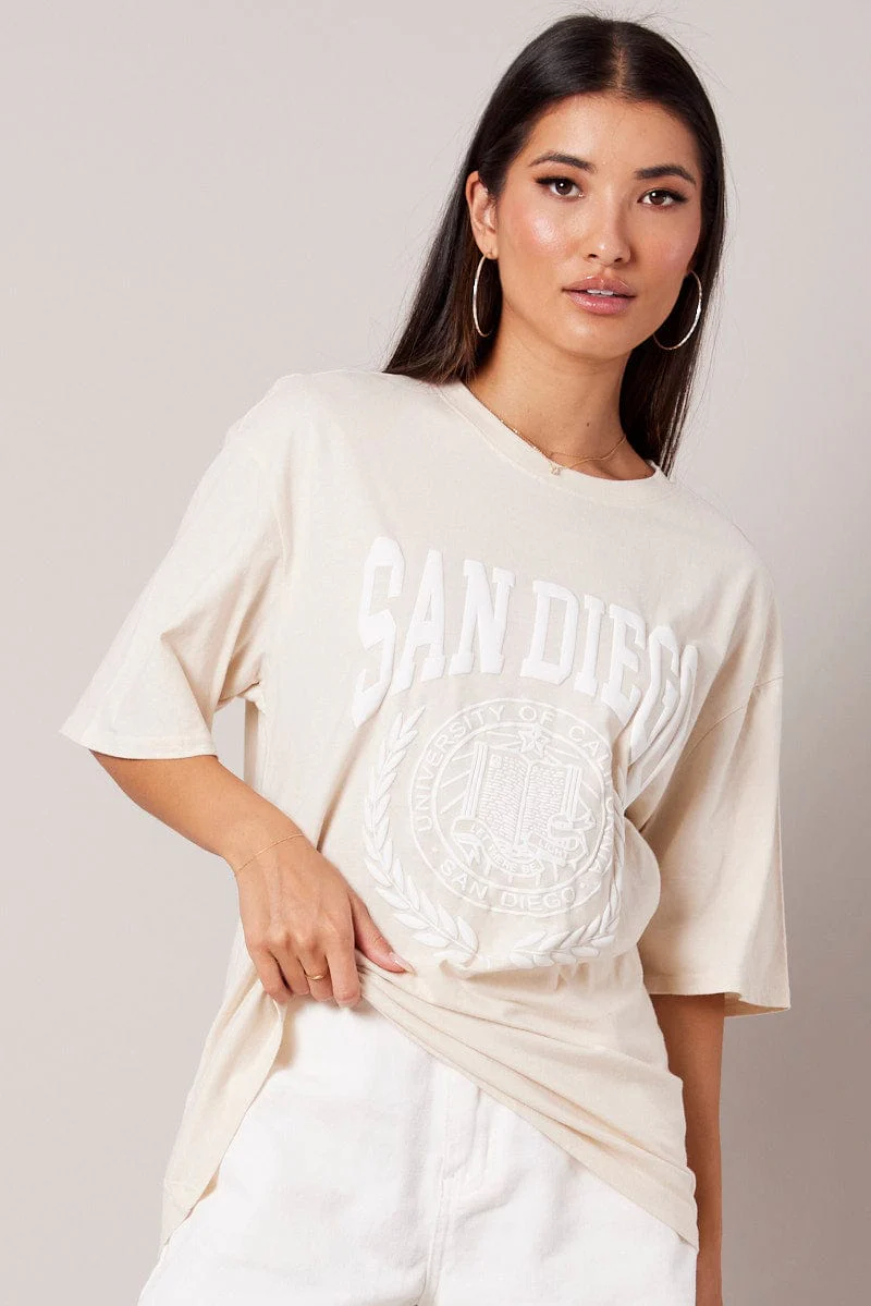 Beige Graphic Tee Short Sleeve
