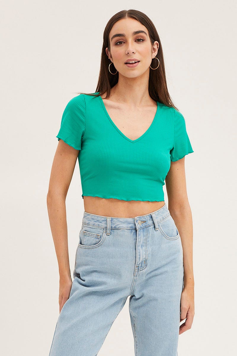 Green V Neck Lettuce Edge Baby Tee