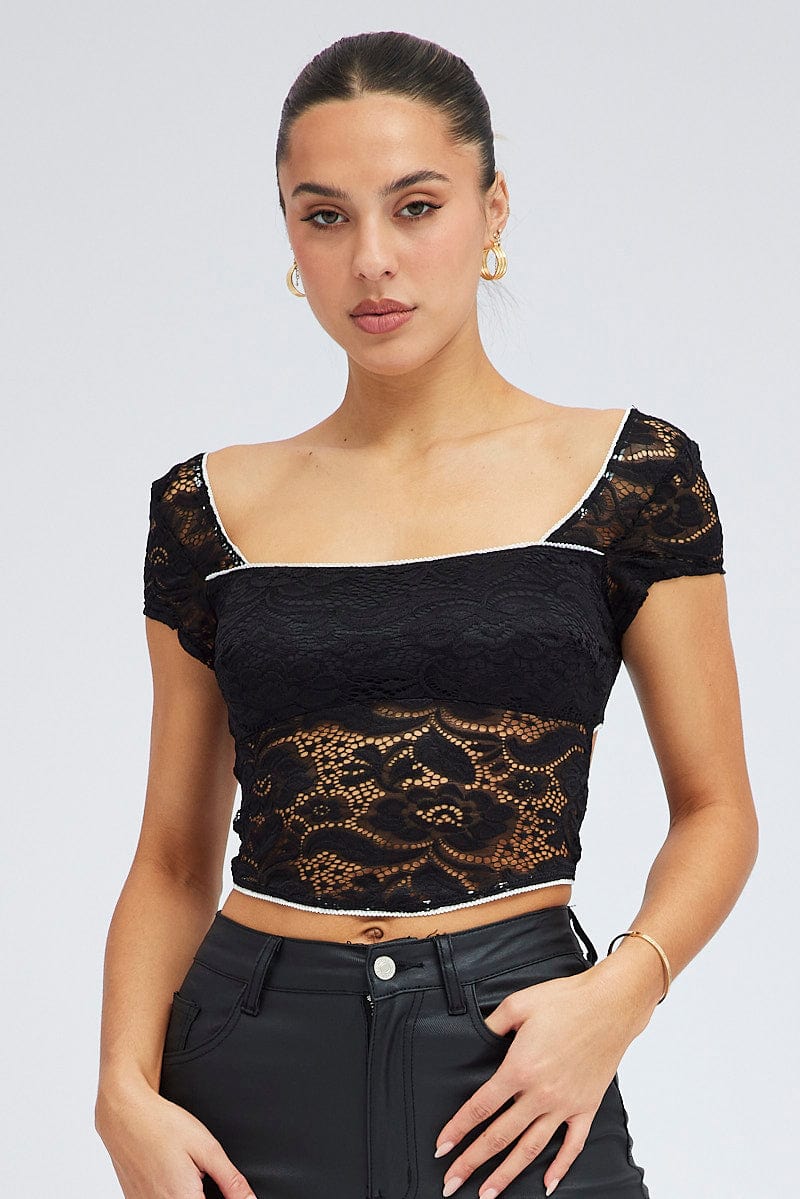 Black Lace Top Cap Sleeve Square Neck Open Back Stretch