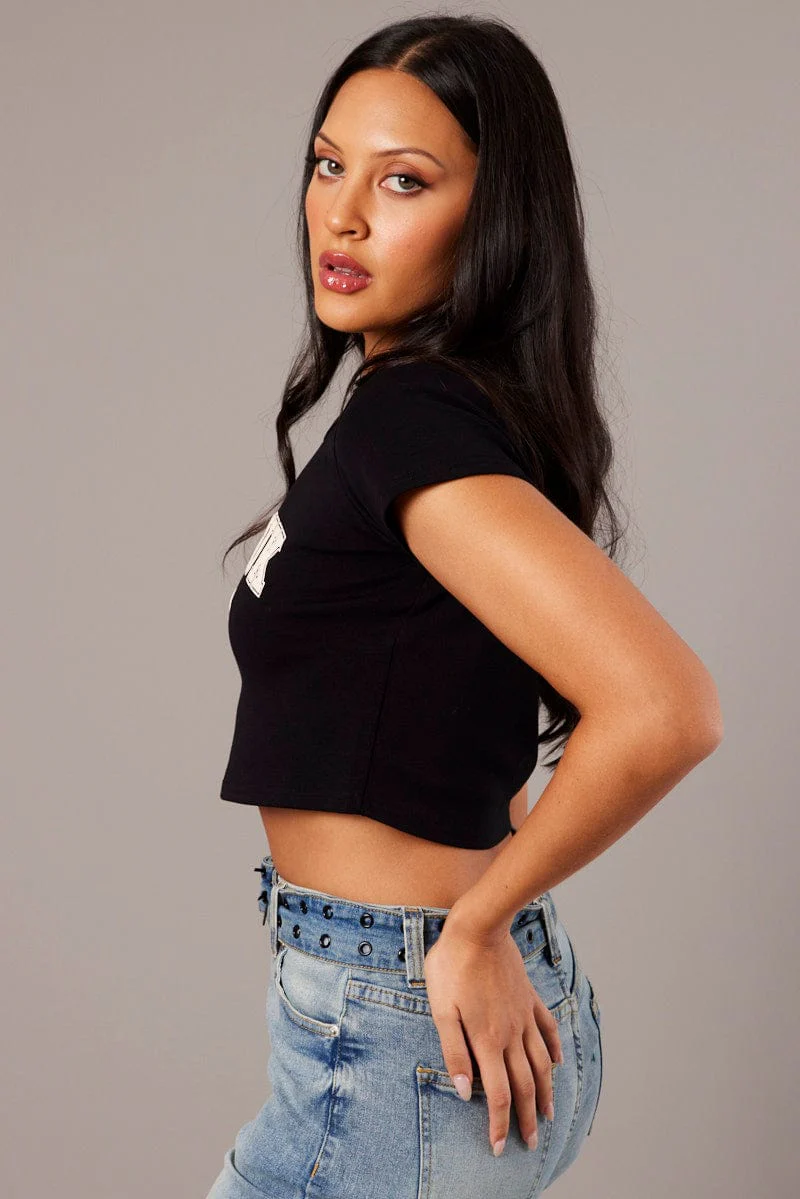 Black Graphic Tee Crop Short Sleeve