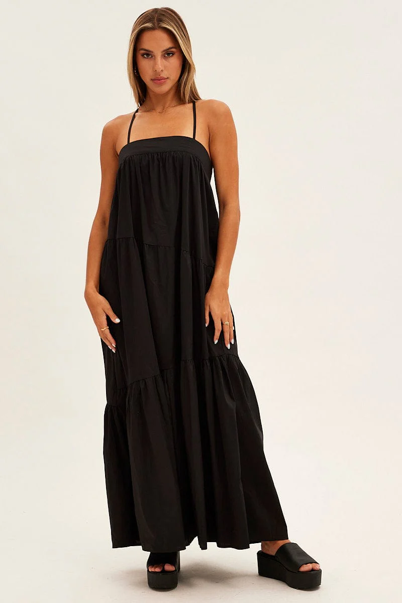 Black Midi Dress Sleeveless Square Neck Poplin