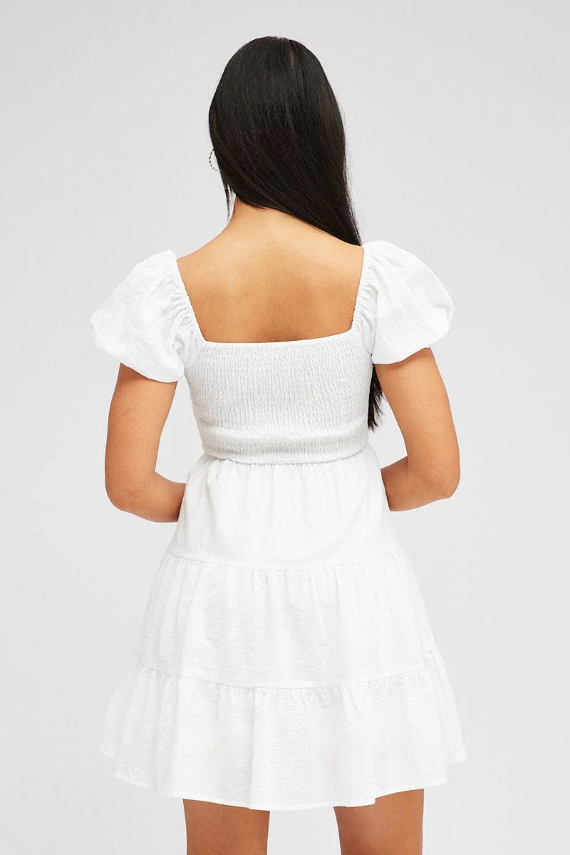White Fit and Flare Dress Short Sleeve Shirred