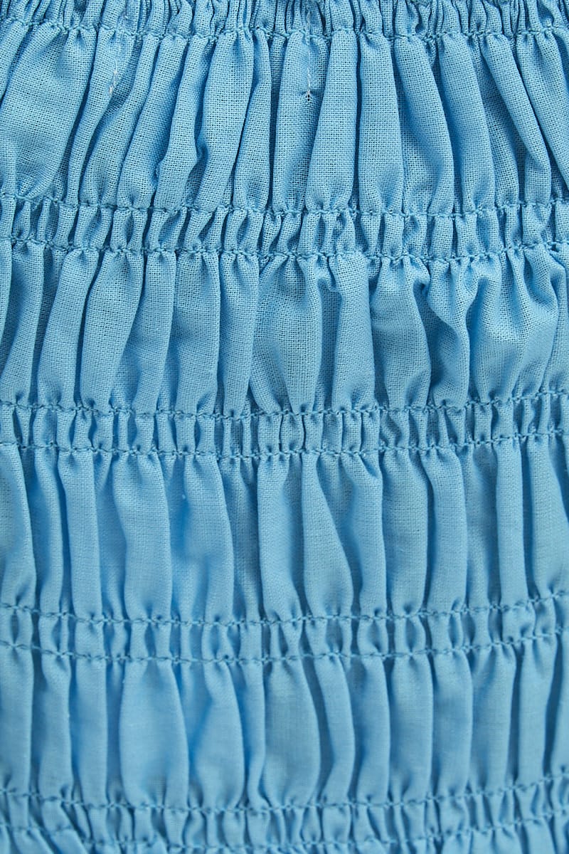 Blue Crop Top Short Sleeve Square Neck Linen Blend