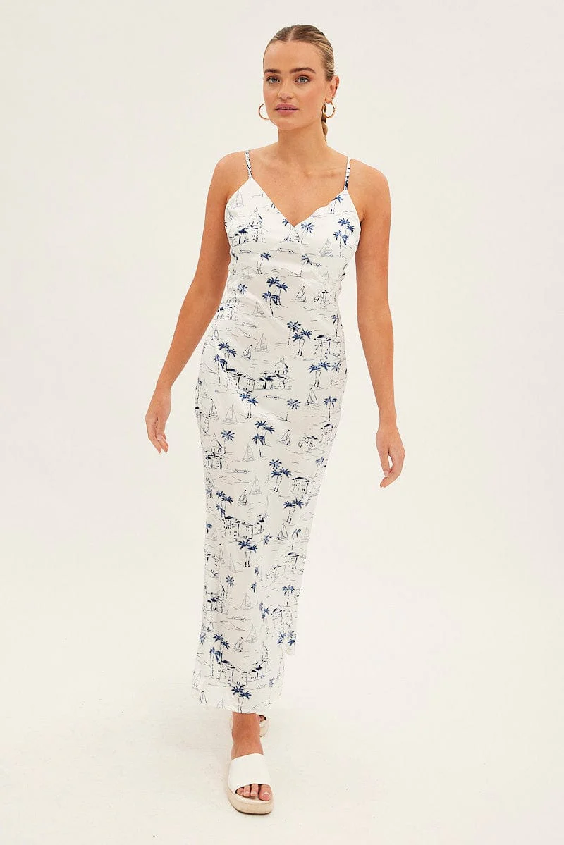 Blue Abstract Midi Dress Sleeveless V Neck Printed Satin