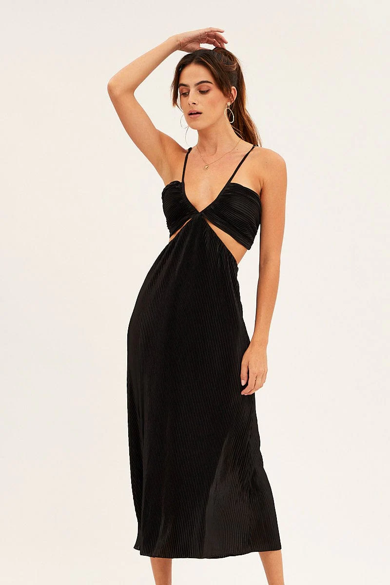 Black Plisse Midi Dress Tie Back