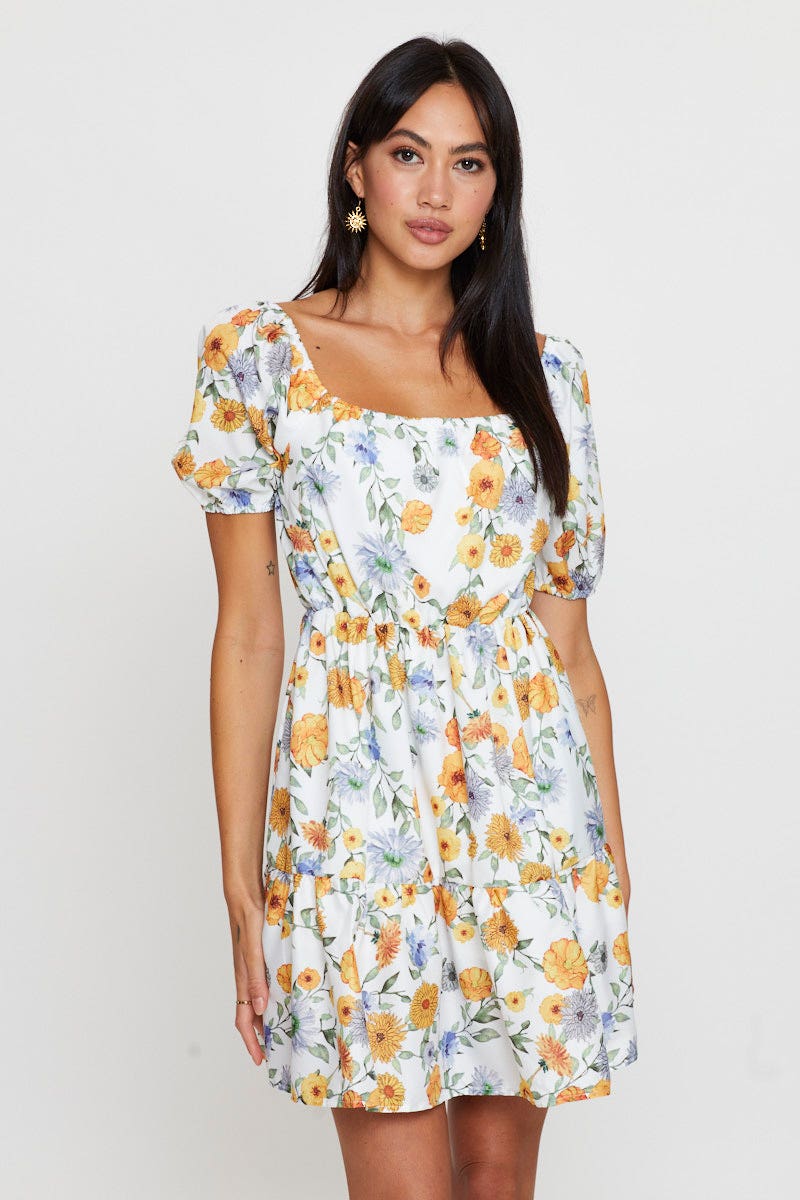 Print Fit And Flare Dress Short Sleeve Square Neck