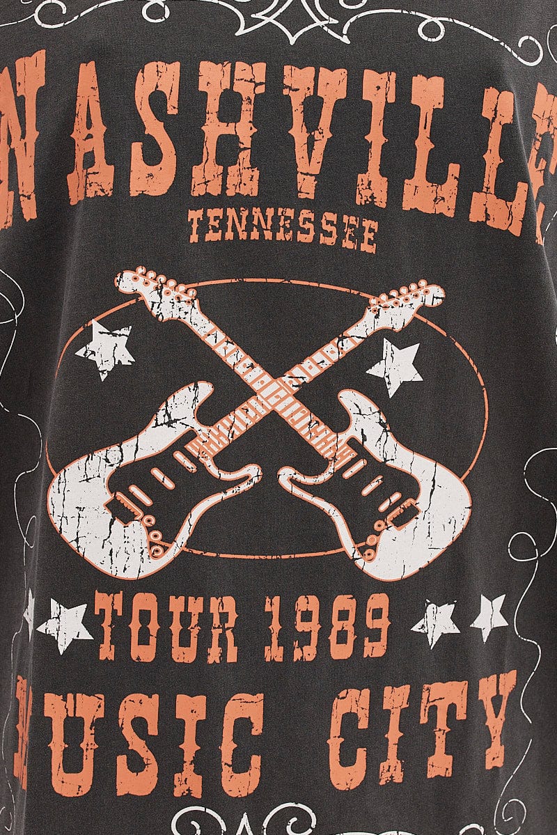 Black Tee Short Sleeve Round Neck Graphic Print Cotton